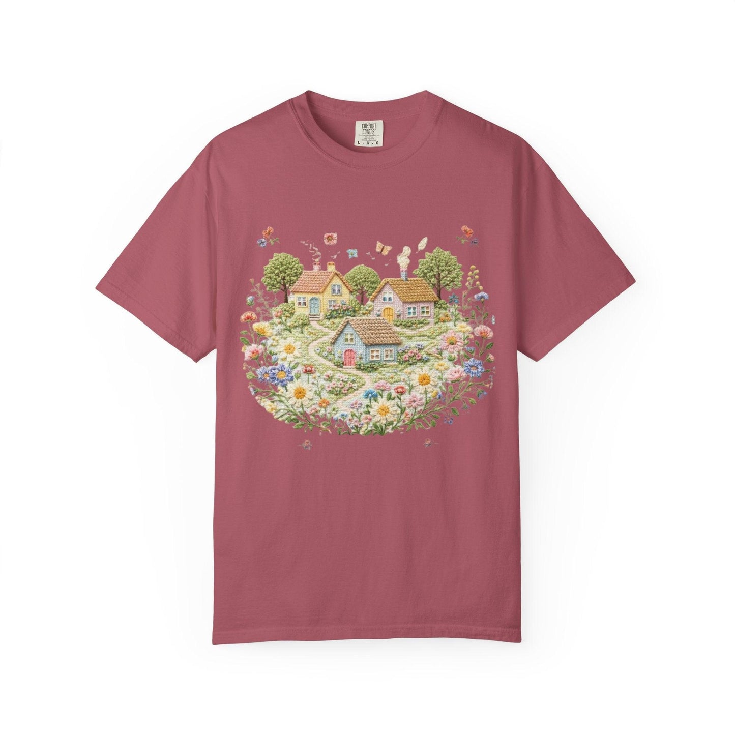 Cottage Garden Landscape T-shirt | Floral Village Illustration