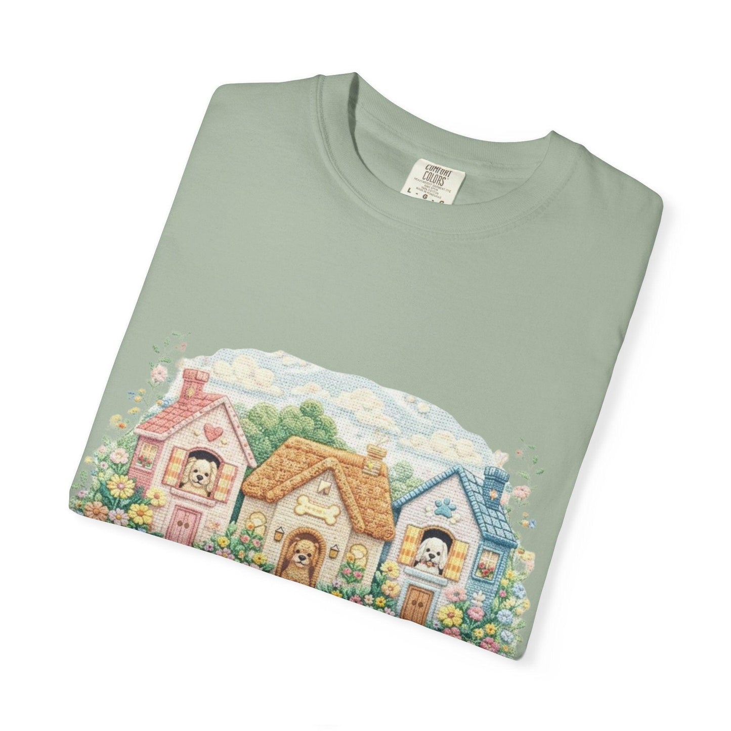 Cute Cottage Row illustration T-shirt | pastel village floral path