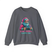 Santa with Game Controller Crewneck, Stay Merry Game On Holiday Sweatshirt