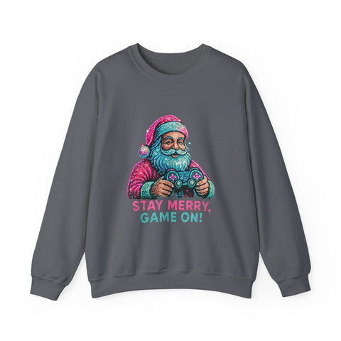 Santa with Game Controller Crewneck, Stay Merry Game On Holiday Sweatshirt