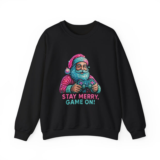 Santa with Game Controller Crewneck, Stay Merry Game On Holiday Sweatshirt