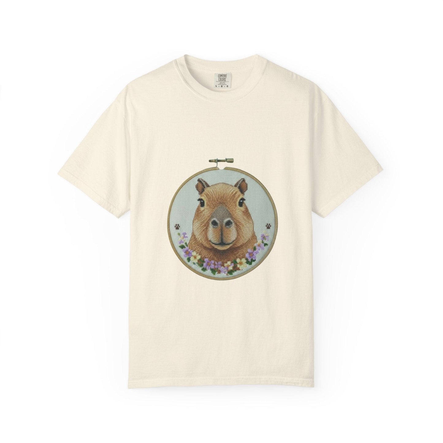 Capybara Portrait T-Shirt | Floral Embroidery Hoop Design