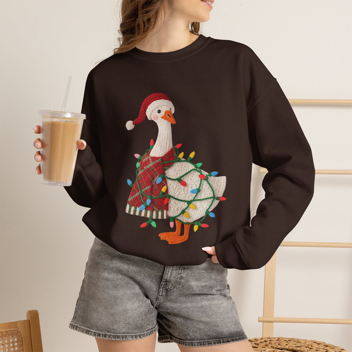 Christmas Goose Wearing Santa Hat Crewneck Sweatshirt | Holiday Duck in Lights