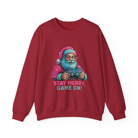 Santa with Game Controller Crewneck, Stay Merry Game On Holiday Sweatshirt