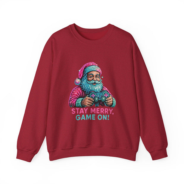 Santa with Game Controller Crewneck, Stay Merry Game On Holiday Sweatshirt