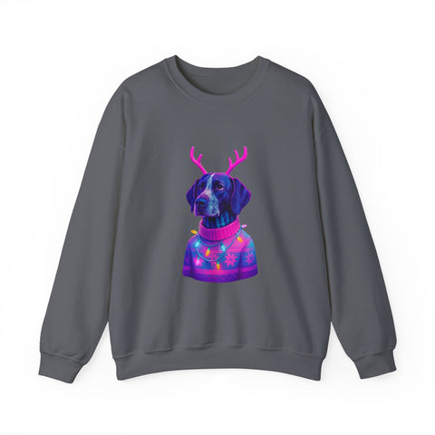 German Shorthaired Pointer with Reindeer Antlers Crewneck Sweatshirt | Neon Holiday Sweater Illustration