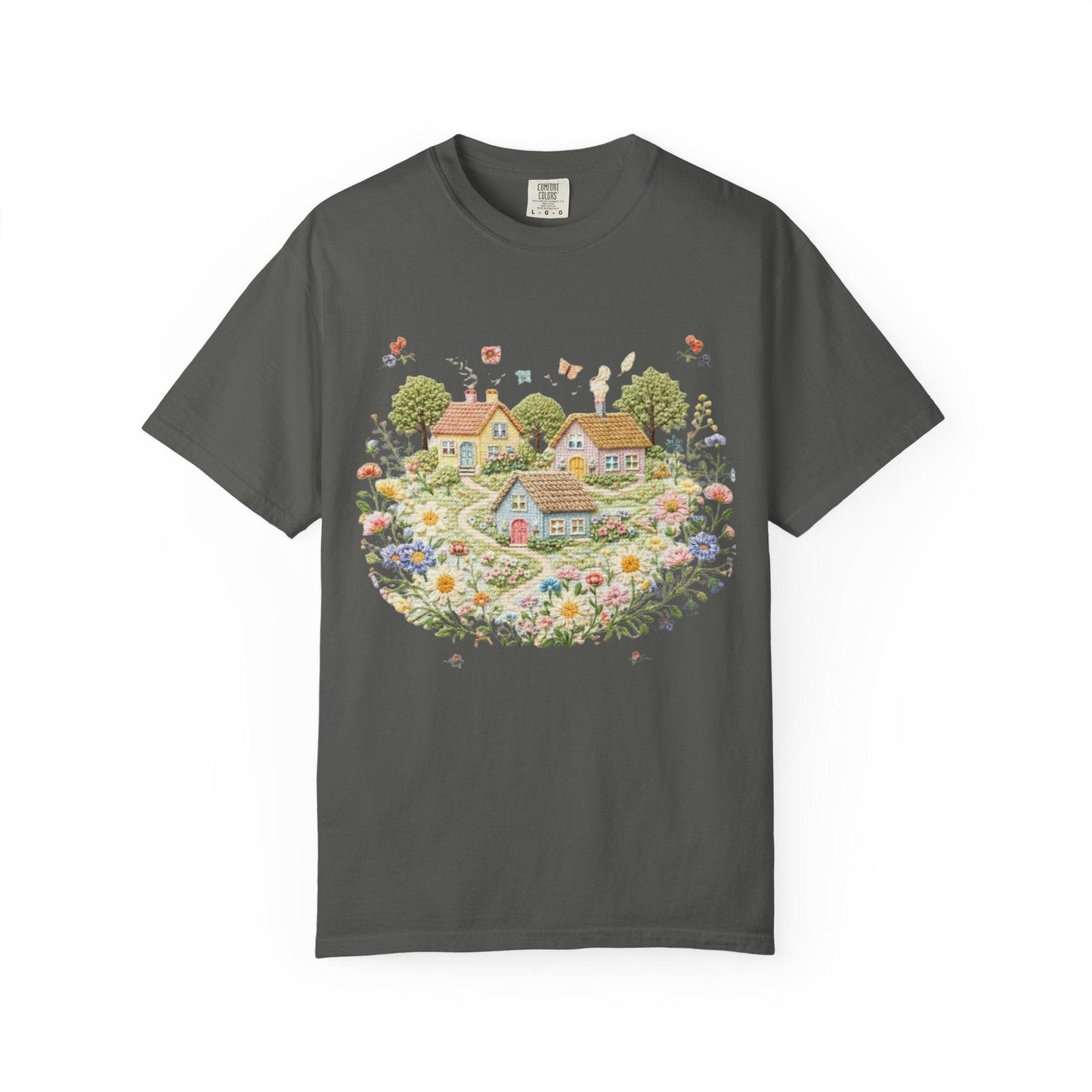 Cottage Garden Landscape T-shirt | Floral Village Illustration
