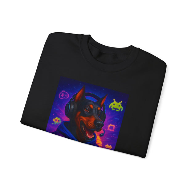 Gaming Doberman Graphic Crewneck Sweatshirt | Retro Arcade Dog Gamer