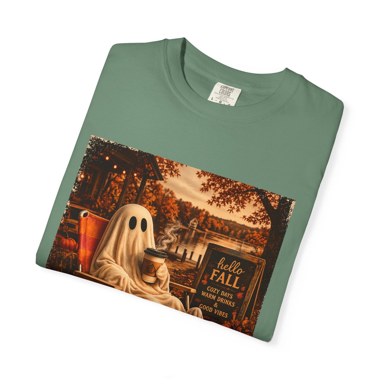 Cozy Ghost in Chair Fall T-shirt | Autumn Leaves, Retro Halloween Scene, Summerween