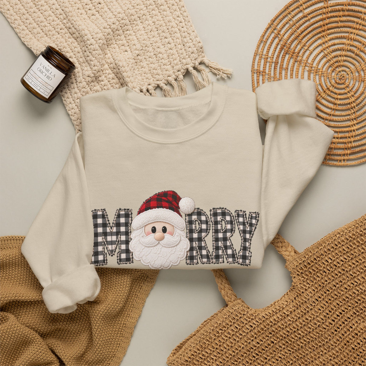 Merry Christmas Sweatshirt, Santa Christmas Crewneck, Plaid Holiday Sweater, Cute Santa Shirt, Cozy Christmas Gift for Her