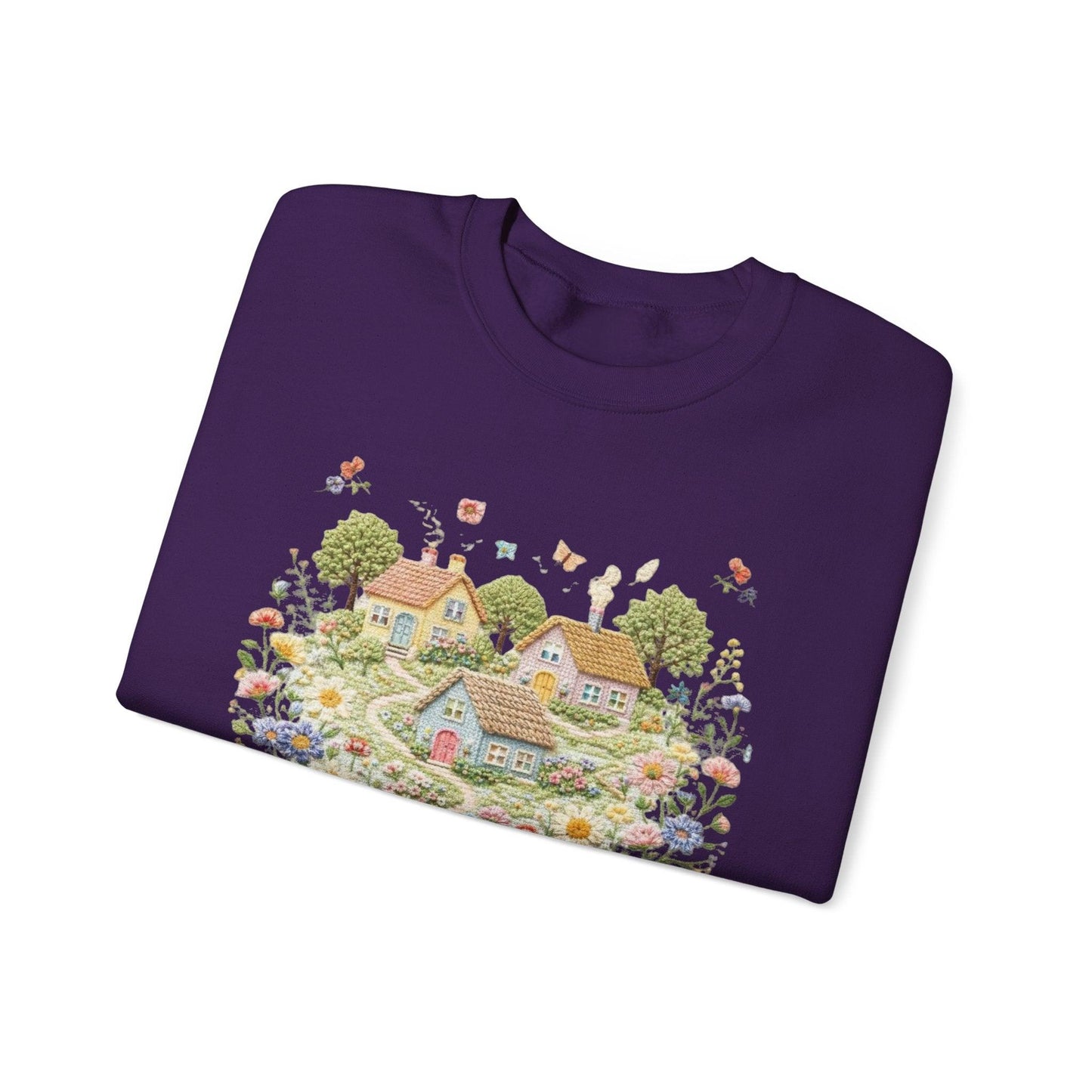 Cottage Garden Illustration Sweatshirt | Floral Village Scene, Cozy Spring