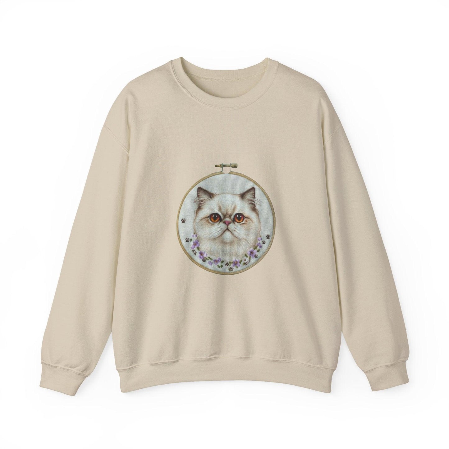 Grumpy Persian Cat Portrait Crewneck sweatshirt | Floral Embroidery Hoop Art