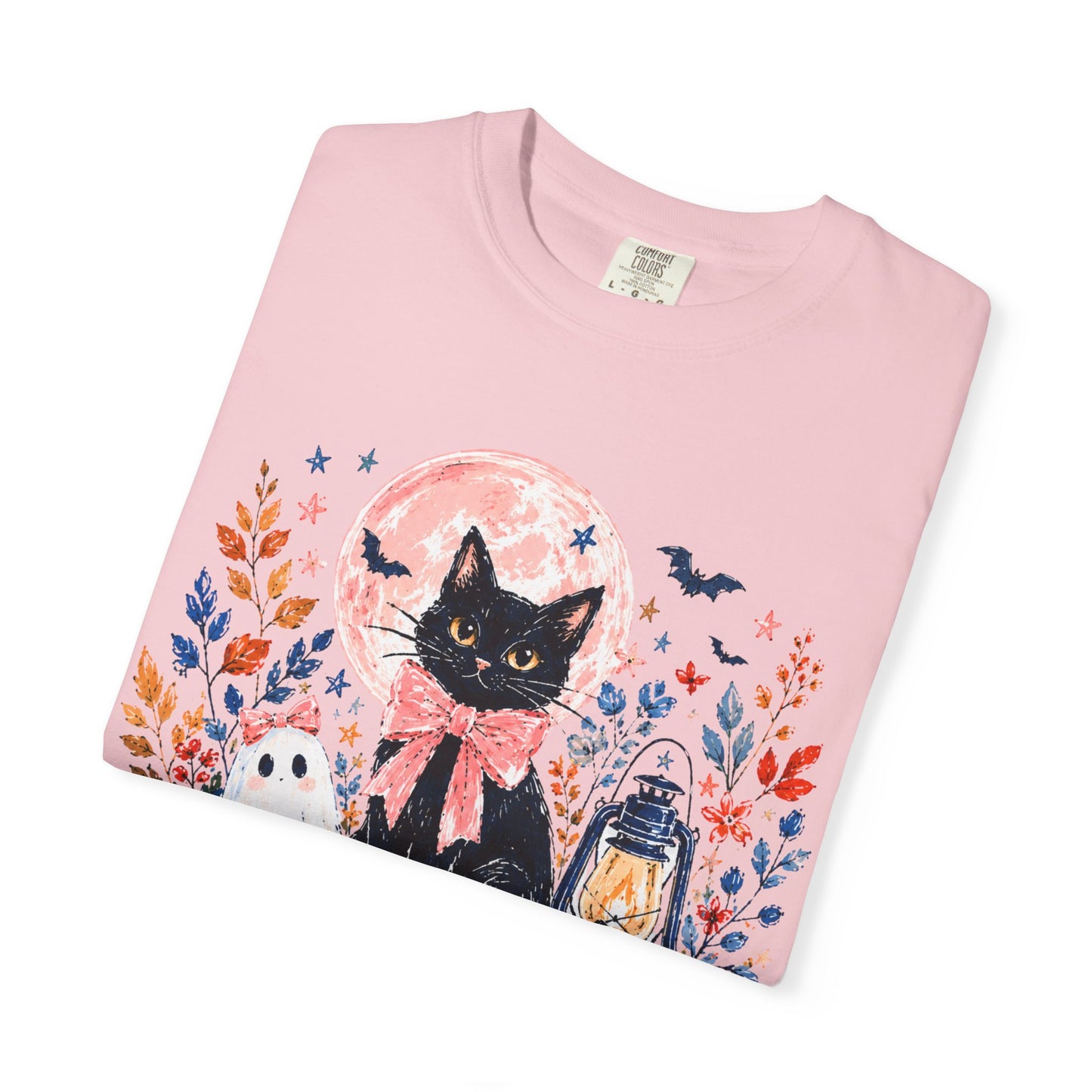 Black Cat with Pumpkins T-shirt | Halloween Moon Lantern Floral Design