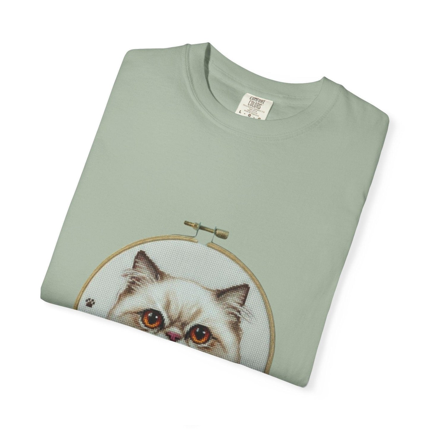 Persian Cat Portrait T-shirt | Embroidery Hoop Floral Illustration