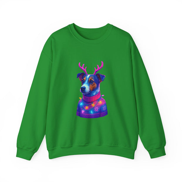 Neon Jack Russell in Reindeer Antlers Sweatshirt | Holiday Pet Portrait