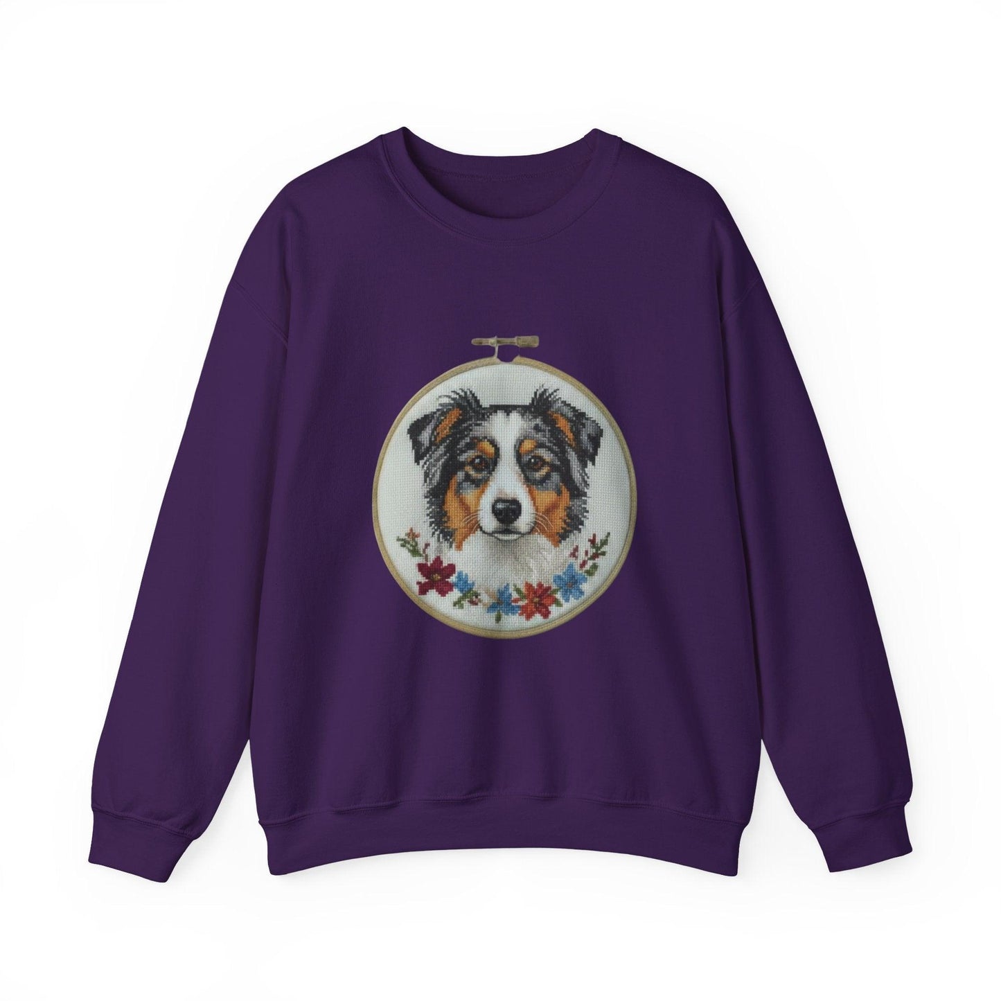 Australian Shepherd Sweatshirt, Aussie Dog Mom Gift, Embroidery Hoop Portrait, Cross Stitch Dog Crewneck