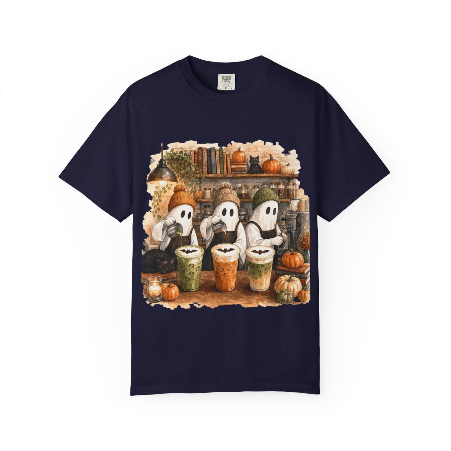 Ghost Trio with Pumpkin Lattes T-Shirt, Cute Halloween Coffee Shirt, Cozy Fall Ghost Tee, Pumpkin Spice Graphic, Autumn Coffee Lover Gift