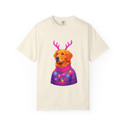 Golden Retriever with Antlers sweater T-Shirt | Neon Holiday Dog Design