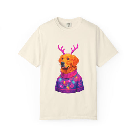 Golden Retriever with Antlers sweater T-Shirt | Neon Holiday Dog Design