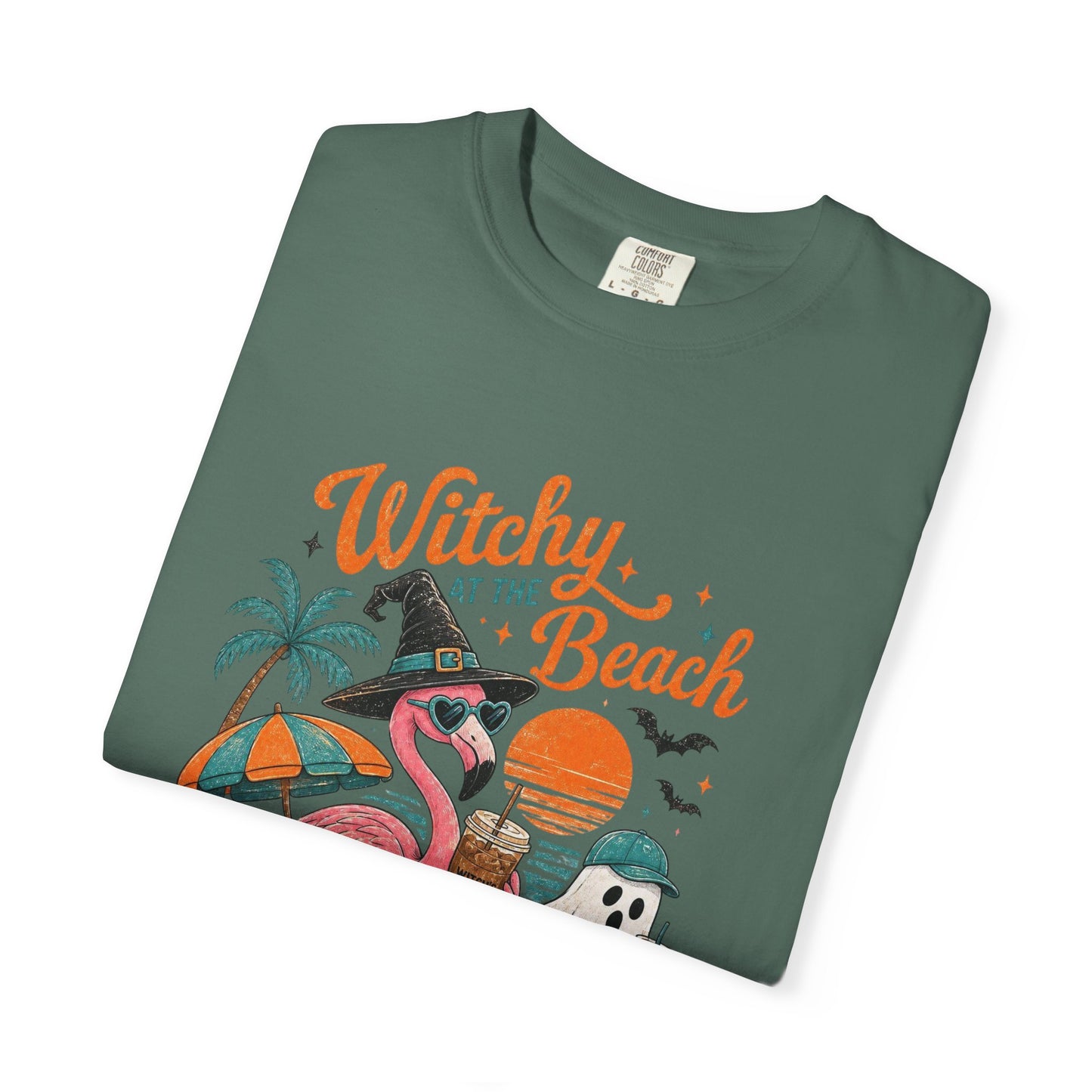 Witchy at the Beach T-shirt | Spooky Vibes Halloween Flamingo Design