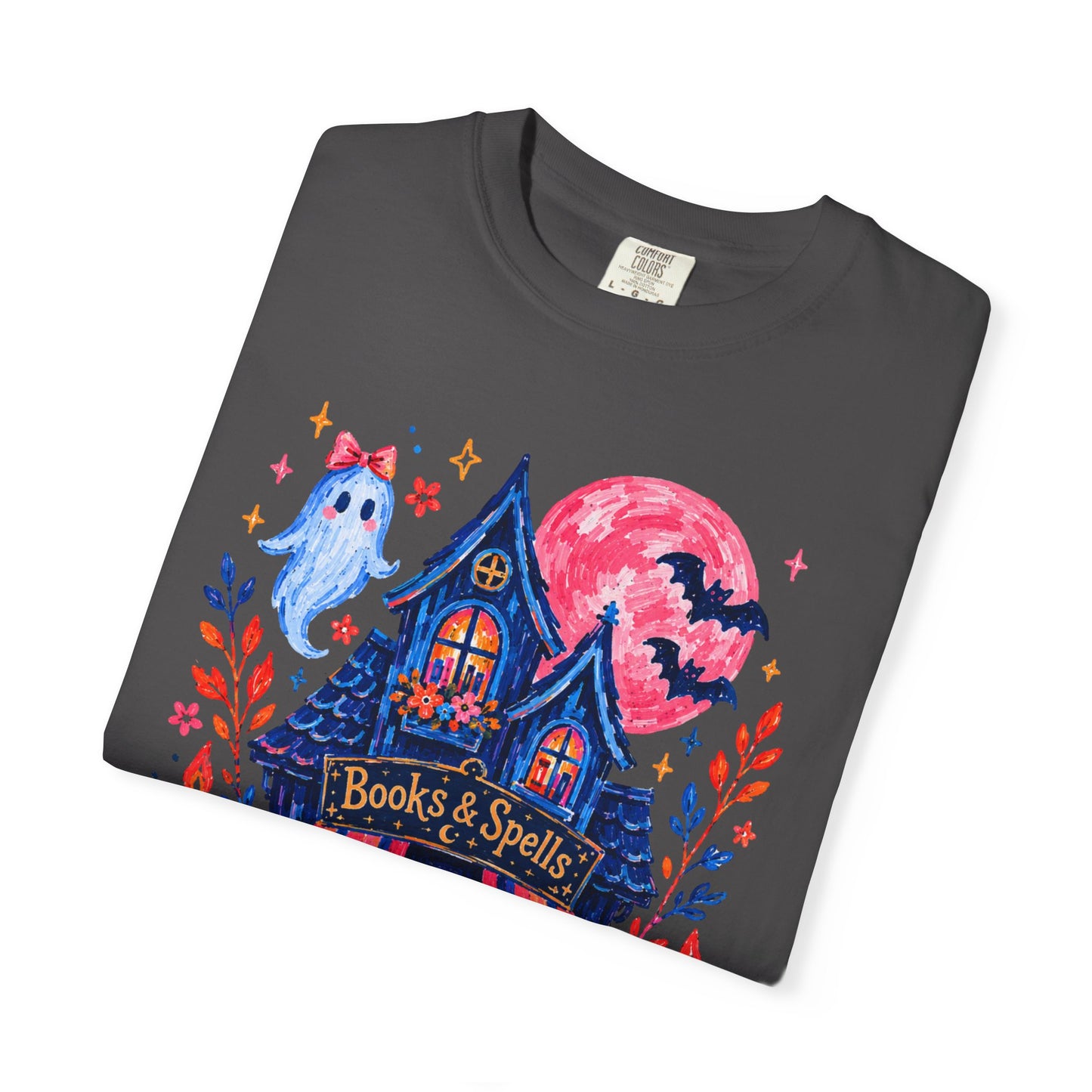 Books & Spells T-Shirt, Witchy Bookstore Halloween Shirt, Cozy Book Lover Tee, Black Cat Ghost Pumpkin Graphic, Booktok Fall Shirt