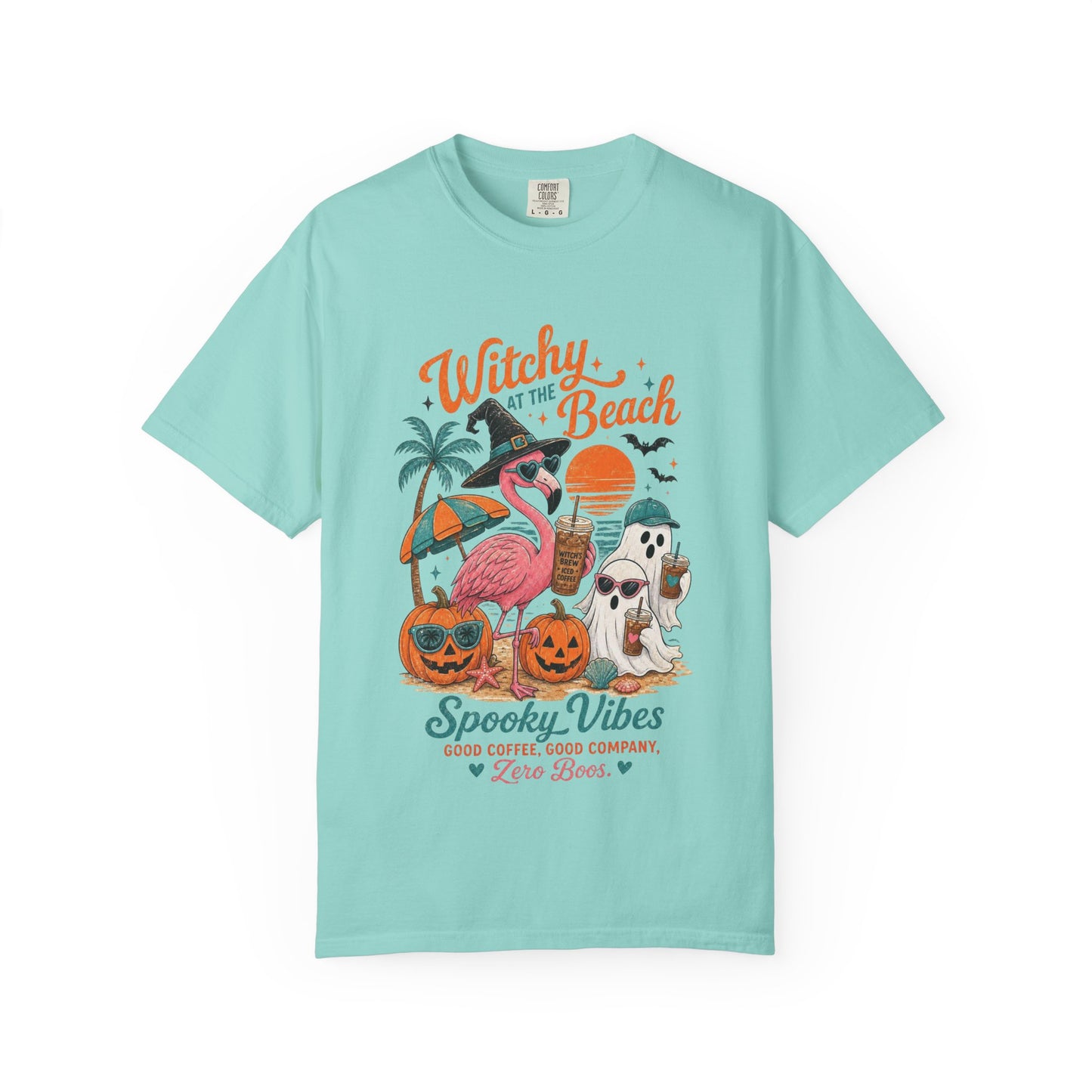 Witchy at the Beach T-shirt | Spooky Vibes Halloween Flamingo Design