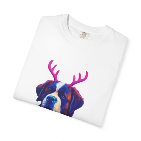 Saint Bernard in Reindeer Antlers T-Shirt | Holiday Dog Sweater Design