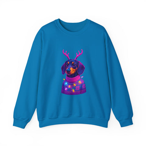 Dachshund Reindeer Sweater Crewneck Sweatshirt | Neon Holiday Dog Art