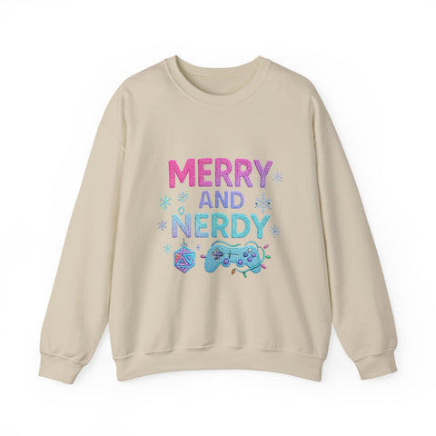 Festive Gamer Crewneck Sweatshirt - Merry and Nerdy, Unisex Sweatshirt, Holiday Apparel, Gaming Sweatshirt, Cozy Gift for Gamers