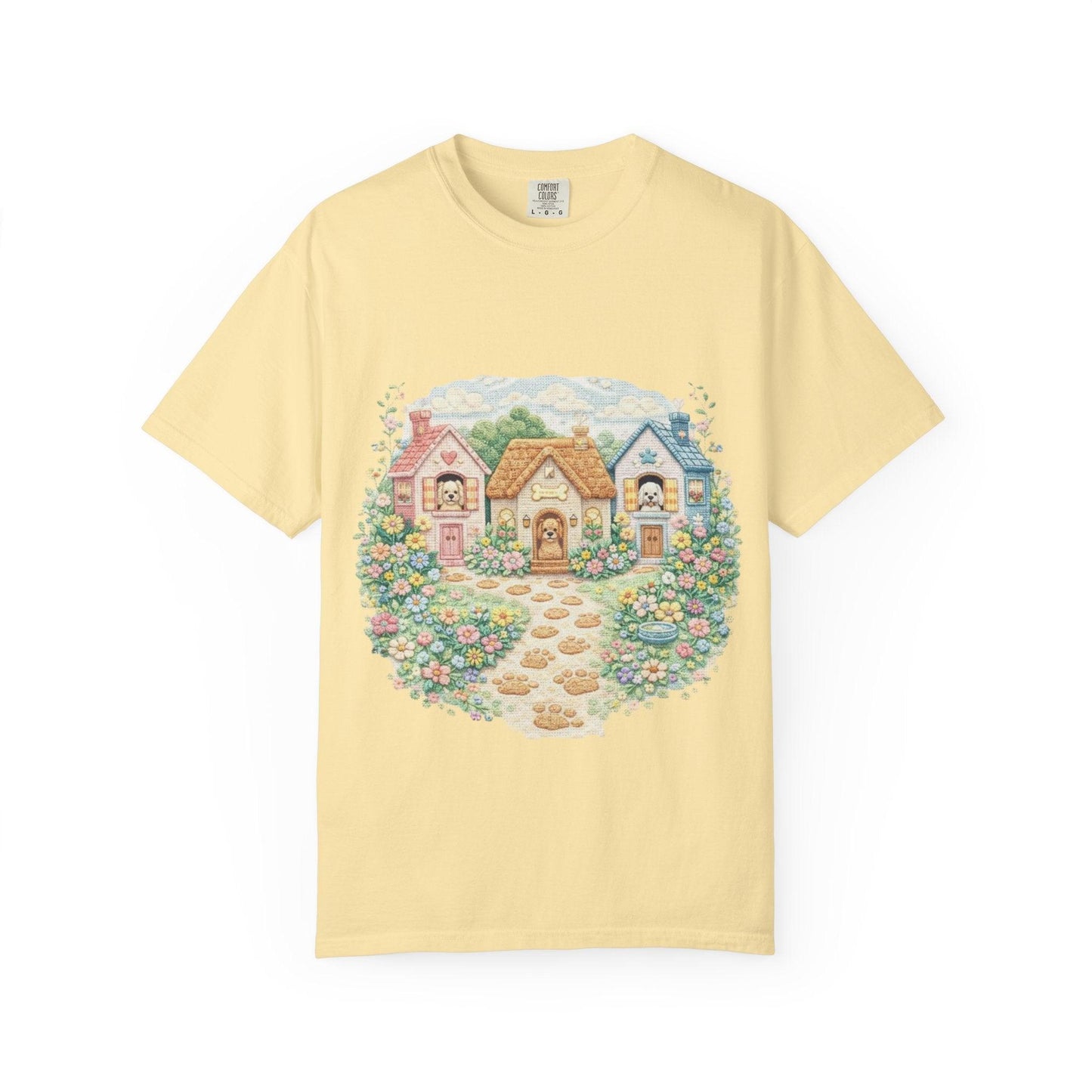 Cute Cottage Row illustration T-shirt | pastel village floral path