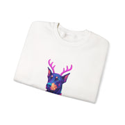 Vibrant Doberman Antlers Sweatshirt, Quirky Animal Crewneck, Cozy Holiday Gift, Fun Winter Apparel, Casual Style Top