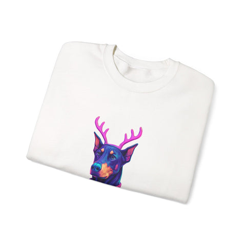 Vibrant Doberman Antlers Sweatshirt, Quirky Animal Crewneck, Cozy Holiday Gift, Fun Winter Apparel, Casual Style Top