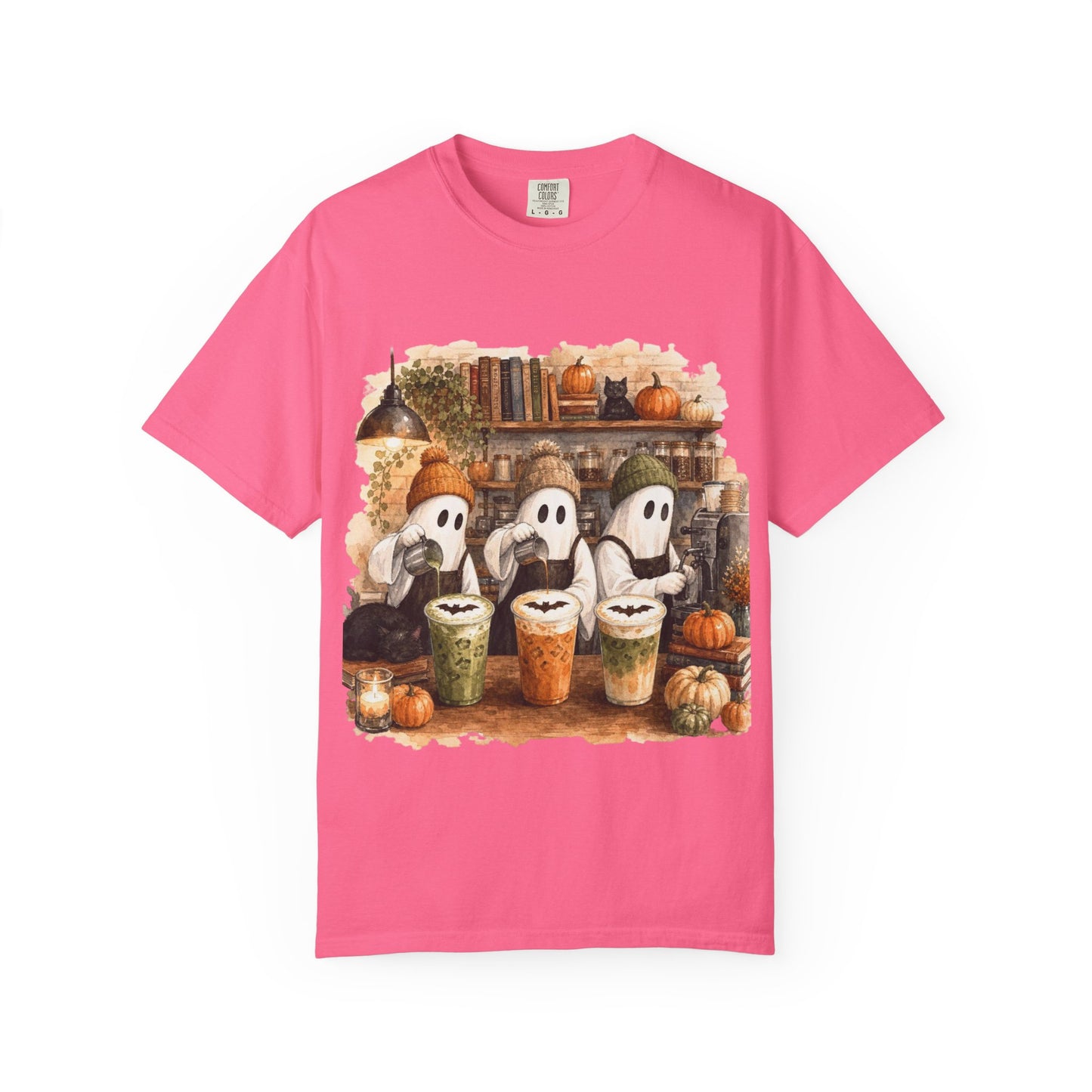 Ghost Trio with Pumpkin Lattes T-Shirt, Cute Halloween Coffee Shirt, Cozy Fall Ghost Tee, Pumpkin Spice Graphic, Autumn Coffee Lover Gift
