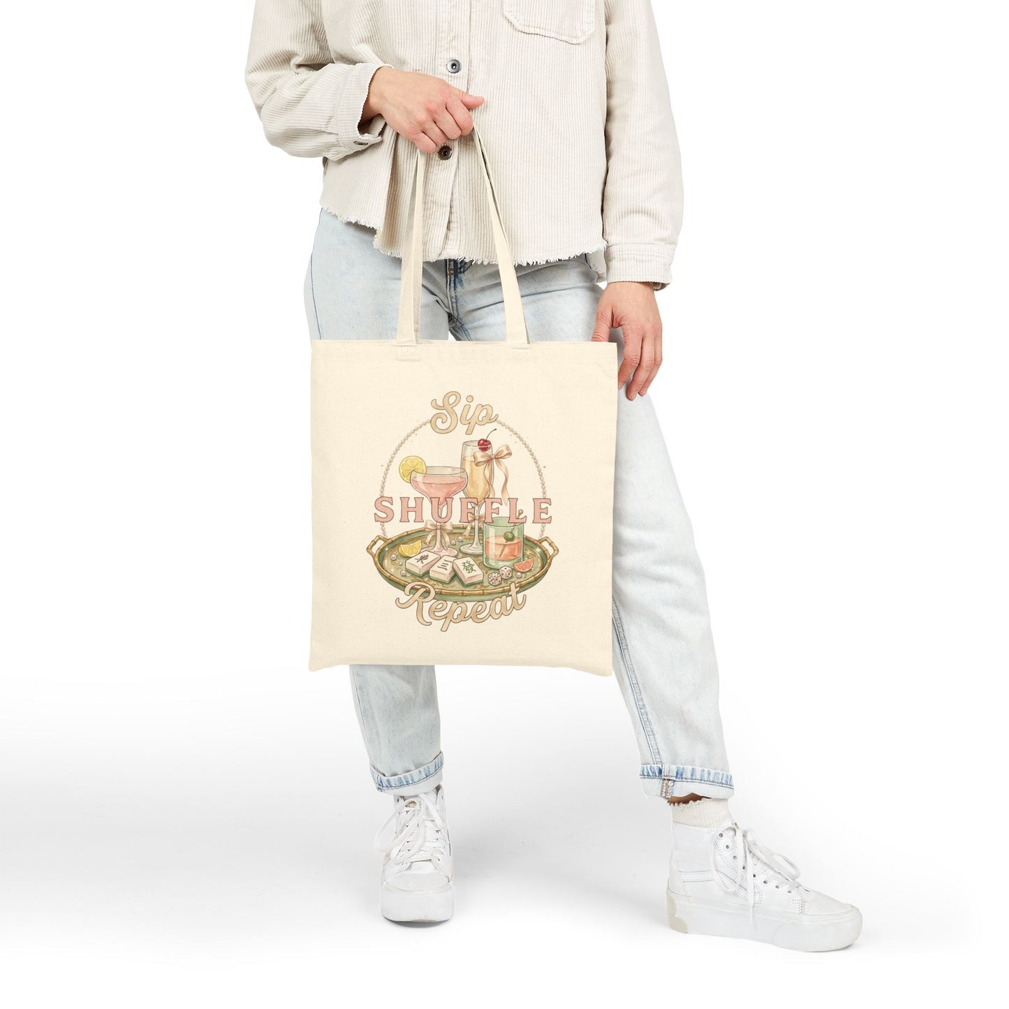Sip Shuffle Repeat Tote Bag, Mahjong Social Club Canvas Tote, Pastel Girls Night Gift Bag, Mahjong Lover Tote
