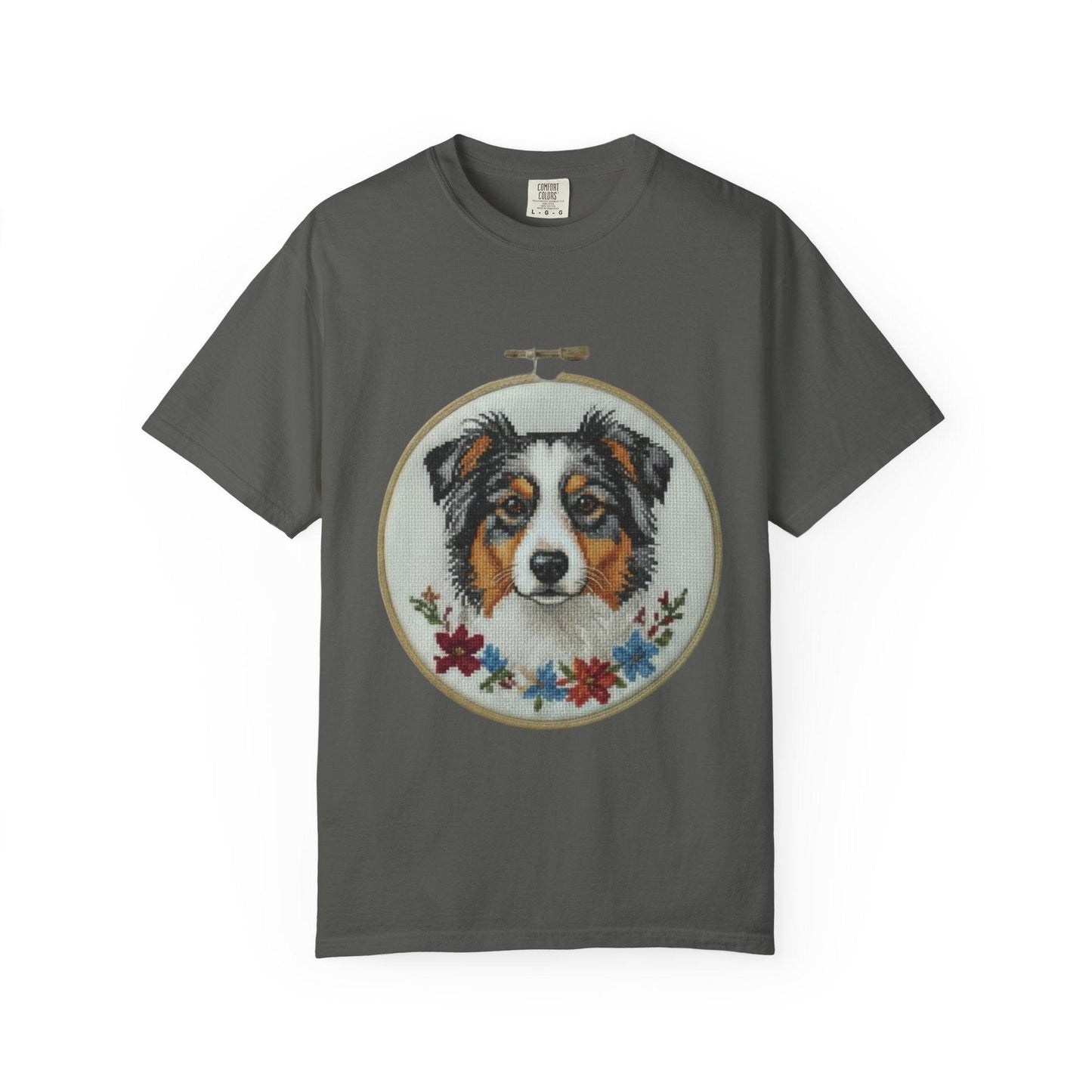 Australian Shepherd Portrait T-shirt | Embroidery Hoop Floral Design