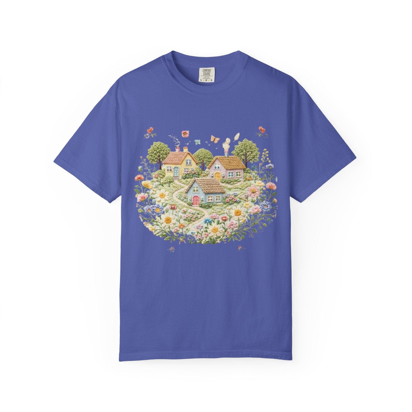 Cottage Garden Landscape T-shirt | Floral Village Illustration