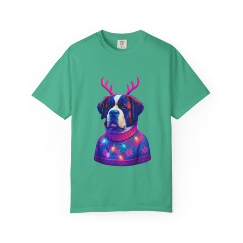 Saint Bernard in Reindeer Antlers T-Shirt | Holiday Dog Sweater Design