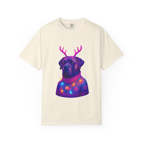 Neon English Mastiff Dog with Antlers T-Shirt | Christmas Sweater Lights Design