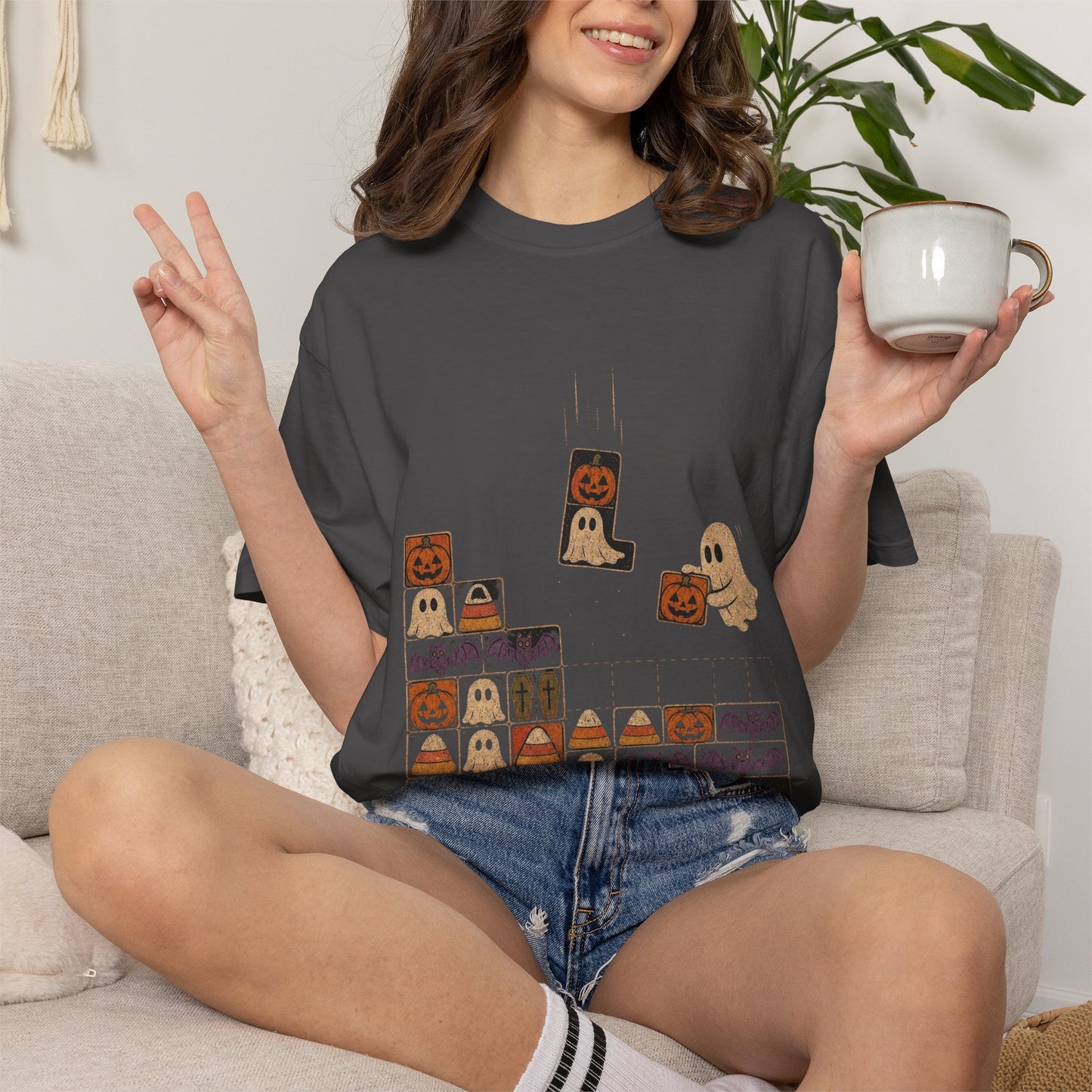 Halloween Pumpkin Ghost Block Puzzle T-shirt | Cute Retro Arcade Design