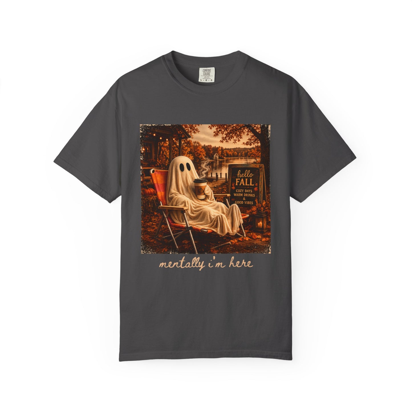 Cozy Ghost in Chair Fall T-shirt | Autumn Leaves, Retro Halloween Scene, Summerween