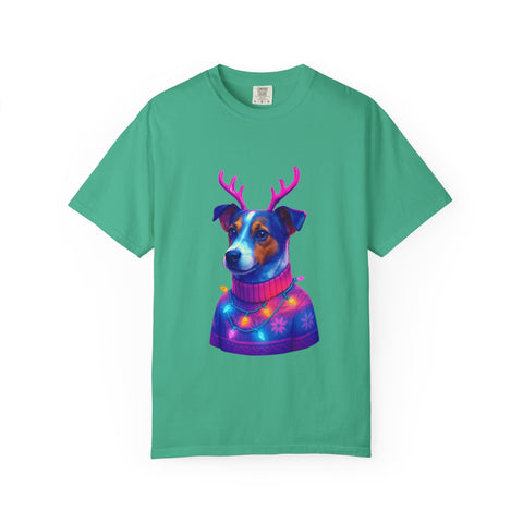 Jack Russell in Reindeer Sweater T-shirt | Neon Holiday Dog Design