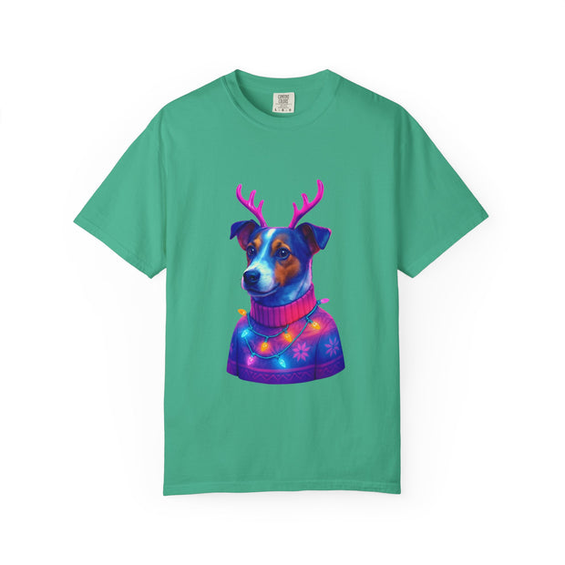 Jack Russell in Reindeer Sweater T-shirt | Neon Holiday Dog Design