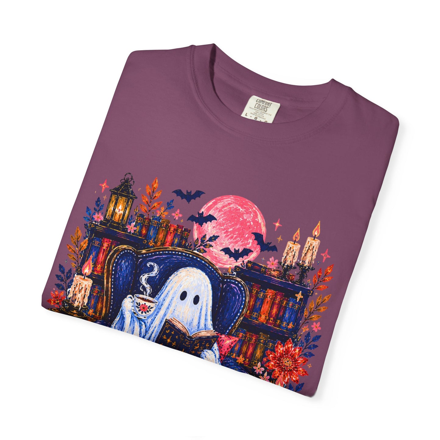 Cozy Reading Ghost T-Shirt | Bookish Halloween Illustration