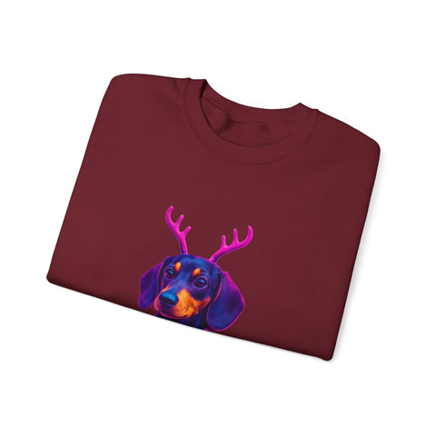 Dachshund Reindeer Sweater Crewneck Sweatshirt | Neon Holiday Dog Art