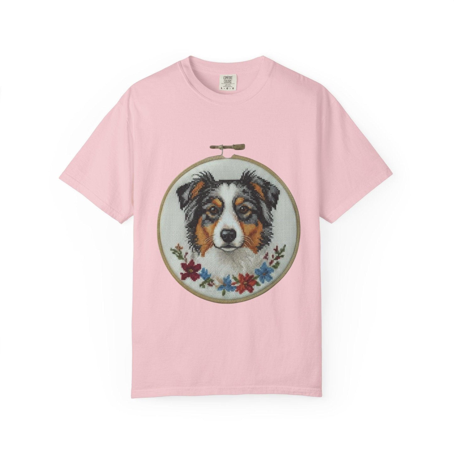 Australian Shepherd Portrait T-shirt | Embroidery Hoop Floral Design