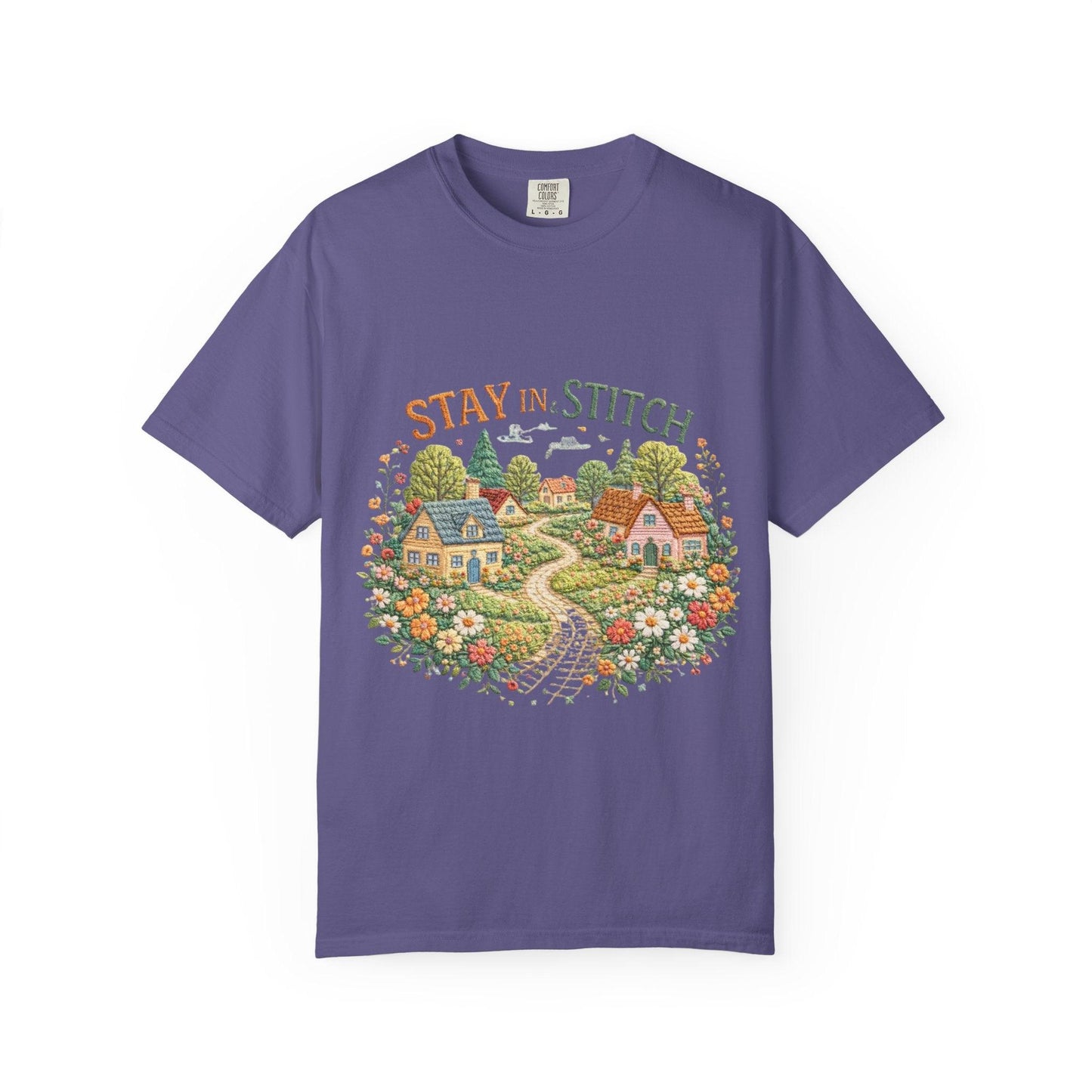 Stay In and Stitch Shirt, Cottagecore Sewing Tee, Grandma Hobbies Top, Vintage Cross Stitch Floral Village