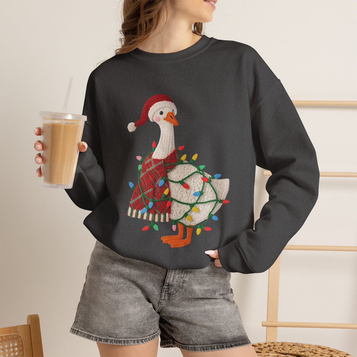 Christmas Goose Wearing Santa Hat Crewneck Sweatshirt | Holiday Duck in Lights