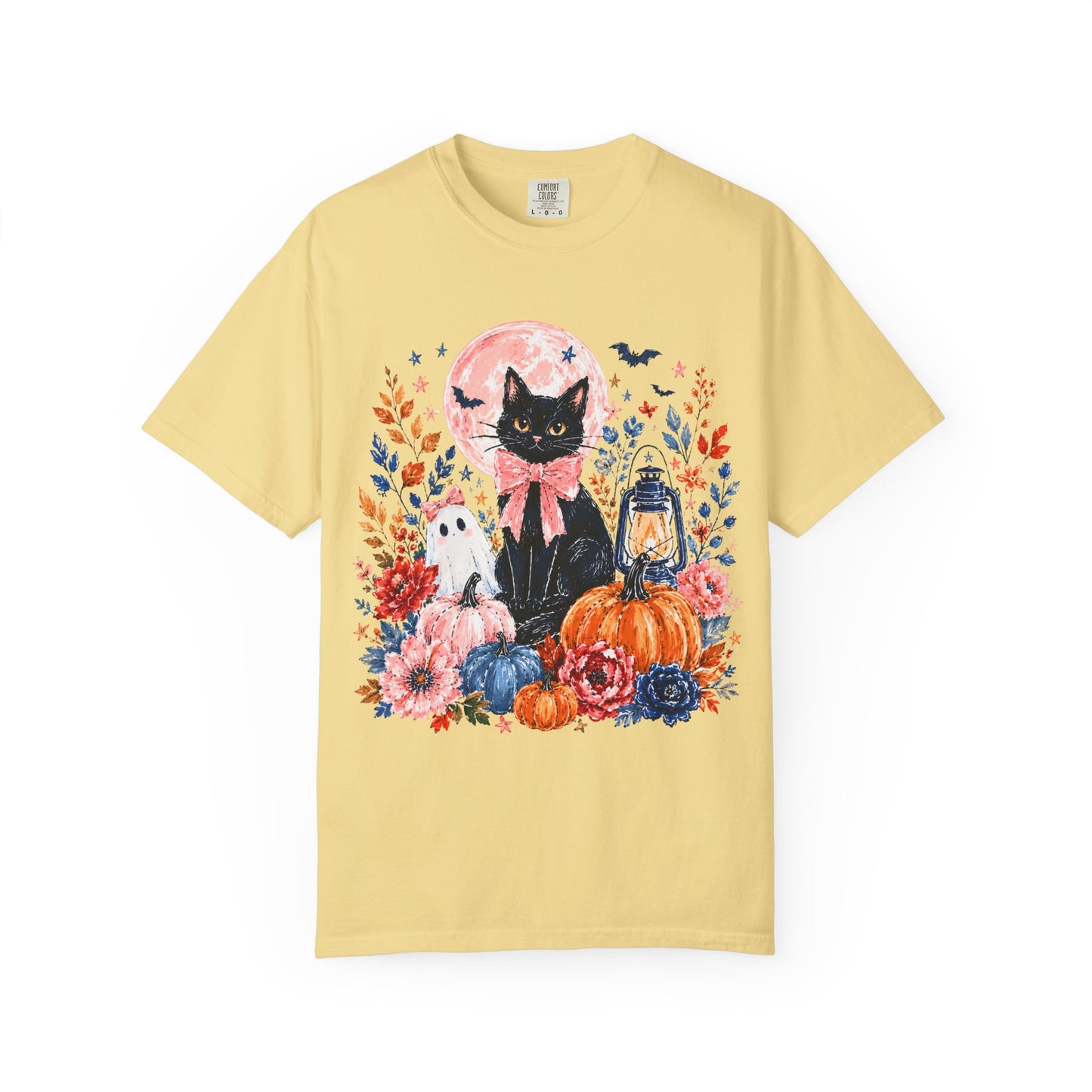 Black Cat with Pumpkins T-shirt | Halloween Moon Lantern Floral Design