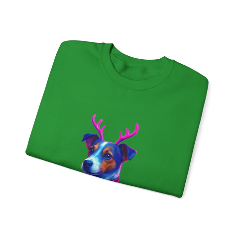 Neon Jack Russell in Reindeer Antlers Sweatshirt | Holiday Pet Portrait