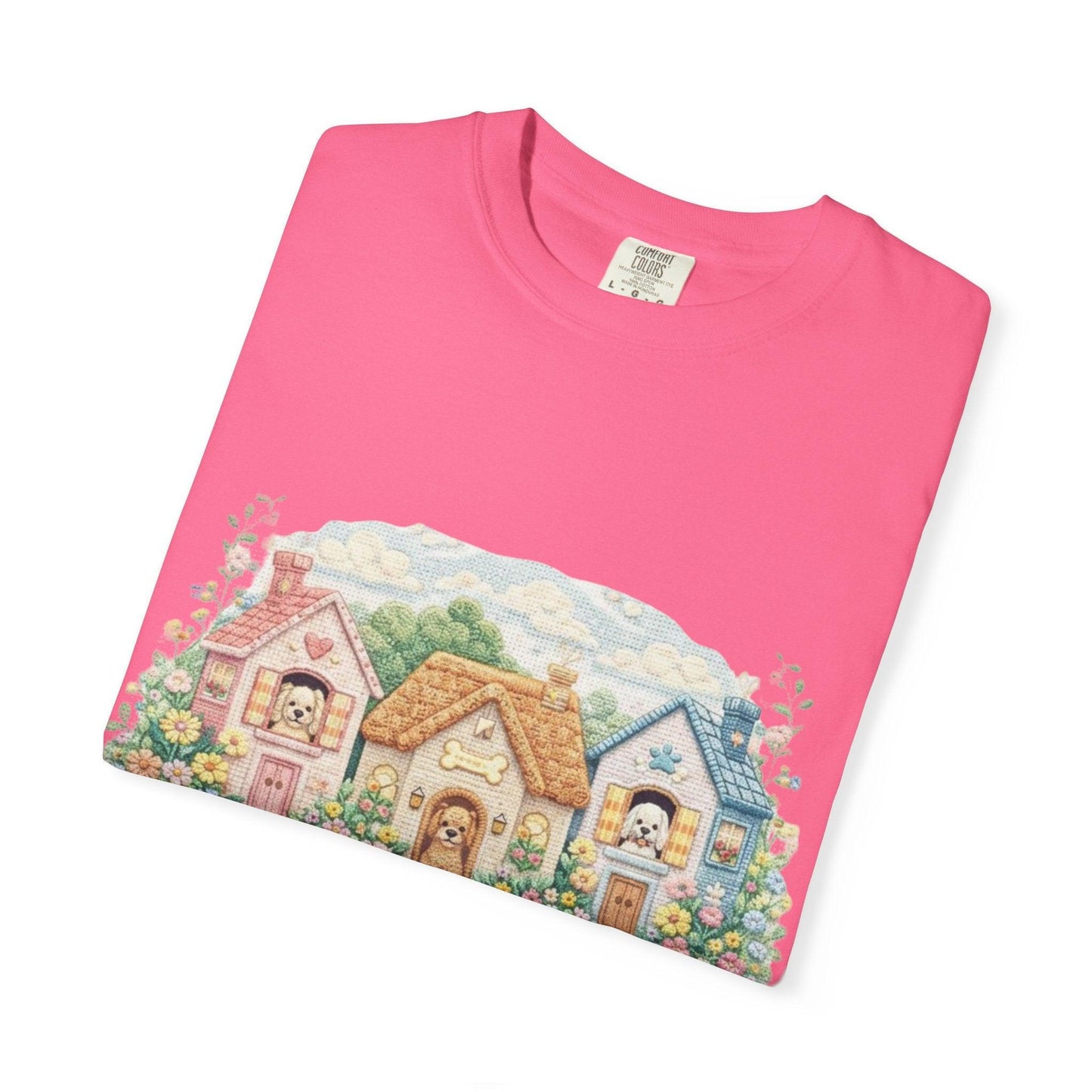 Cute Cottage Row illustration T-shirt | pastel village floral path